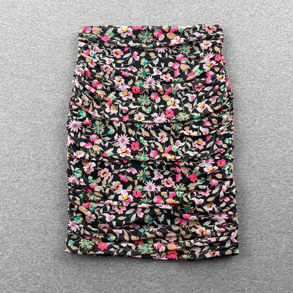 AFRM Skirt Size S Black Ditsy Floral Mesh Ruched Mini Stretch Summer Party